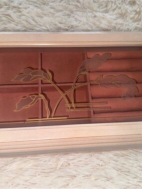 Vintage Wooden Jewelry Box with Etched Glass - Mauve Velvet Interior